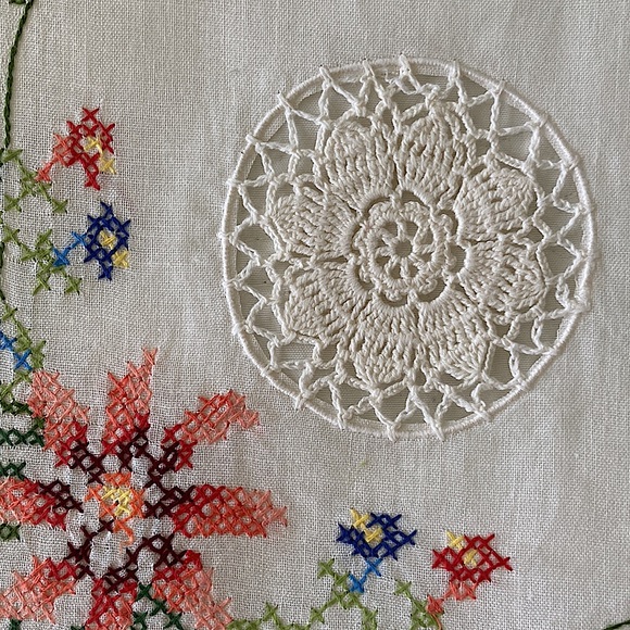 Vintage Italian Tablecloth Handmade Embroidered lace and doily details Square - Picture 1 of 12